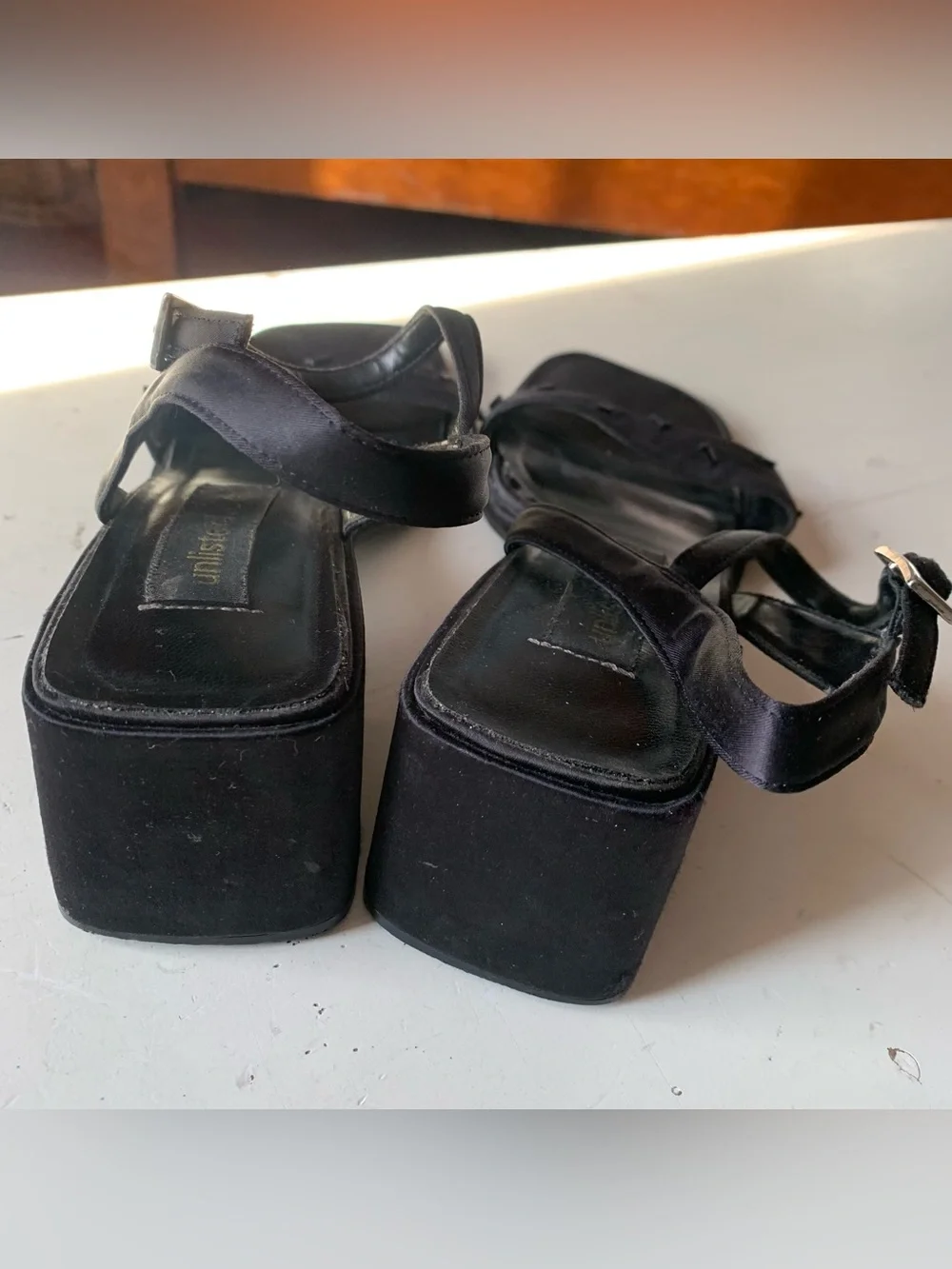 Vintage 90s Black Satin Square Toe Heels Sandals